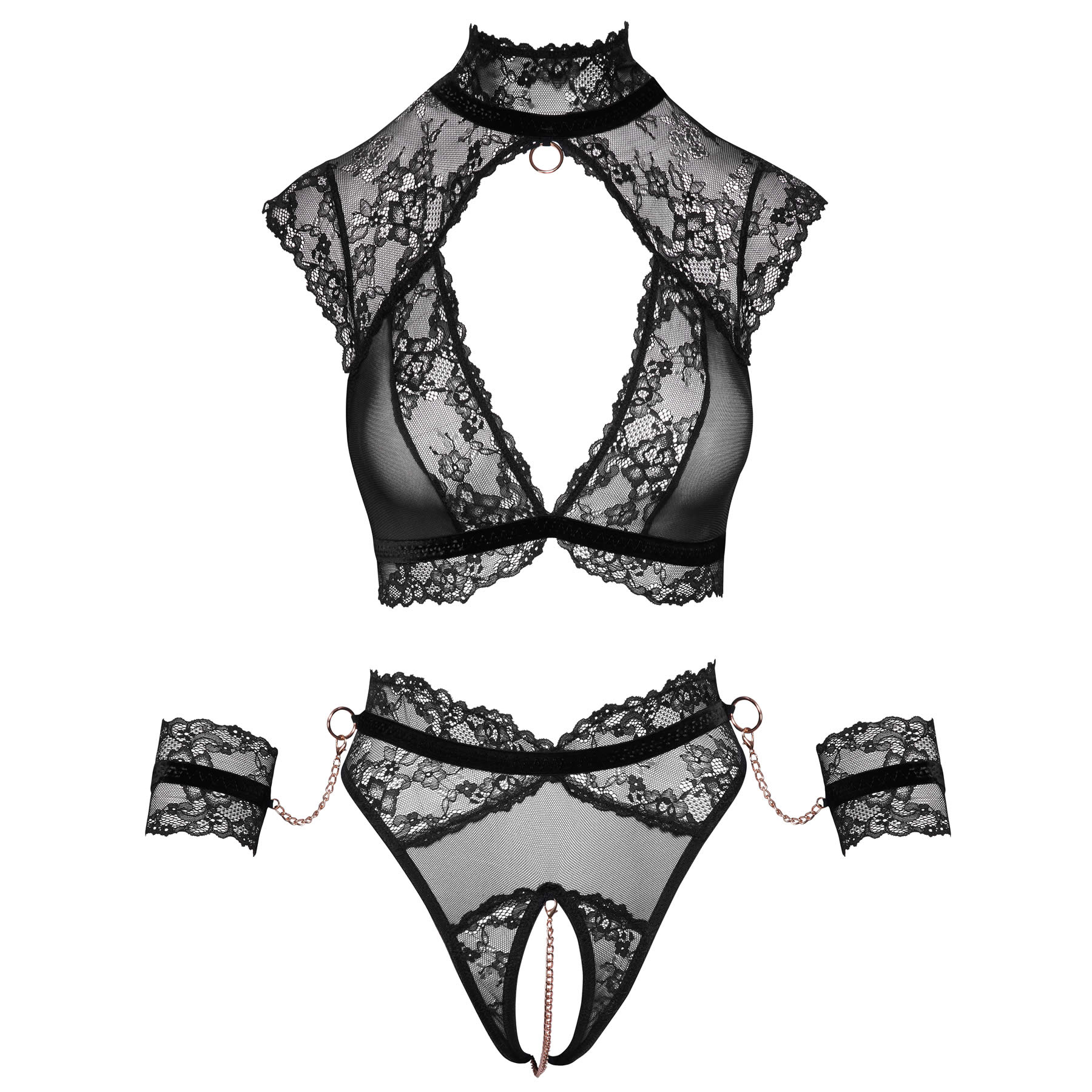 Lace Bralette with Crotchless Panty and Handcuffs