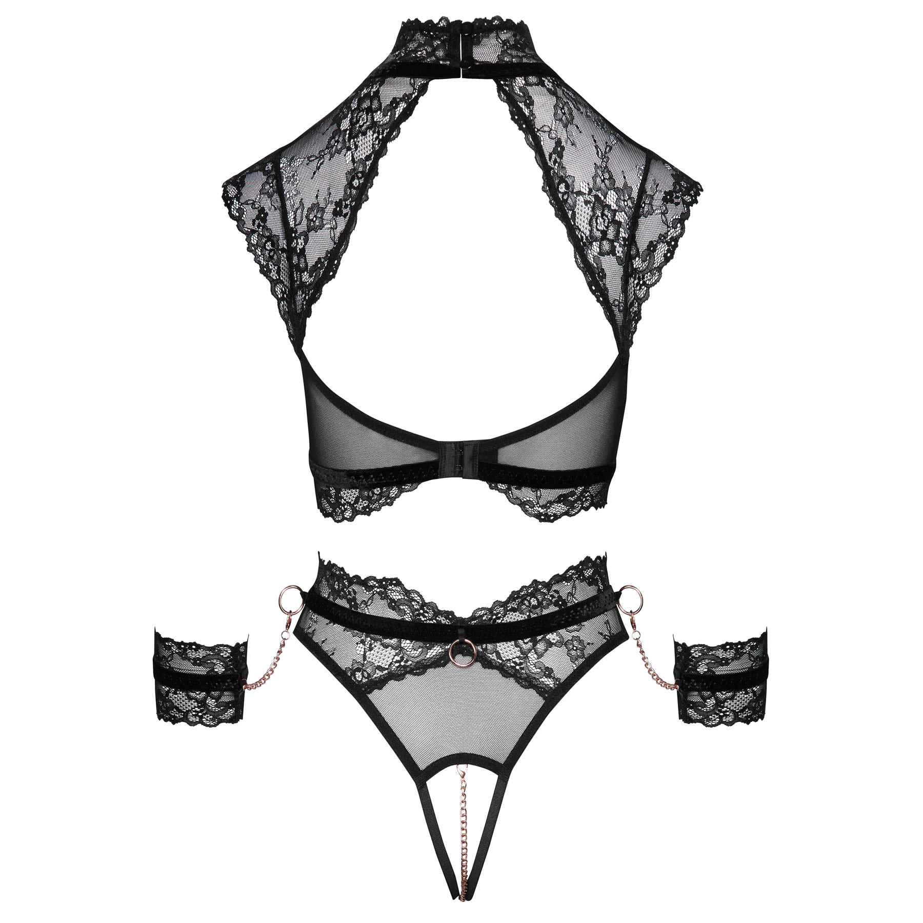 Lace Bralette with Crotchless Panty and Handcuffs