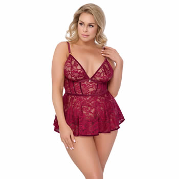 Plus Size Spitzen Babydoll und Slip ouvert im Set