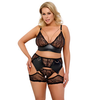 Sort plus size blonde og wetlook lingeri st